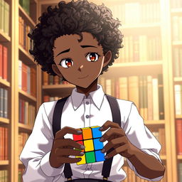 An anime boy with curly hair resembling African texture, featuring a unique complexion of half black and half white skin