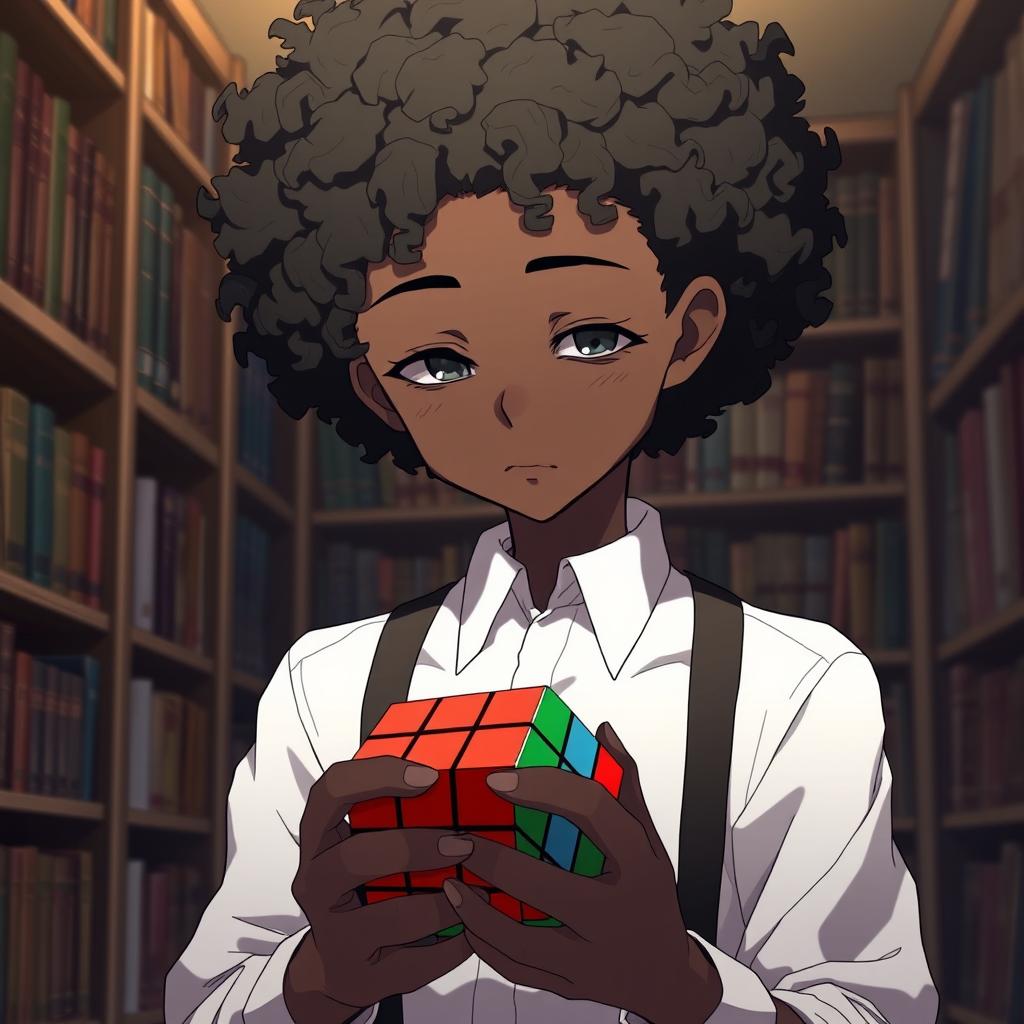 An anime boy with curly hair resembling African texture, featuring a unique complexion of half black and half white skin