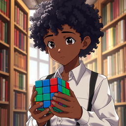 An anime boy with curly hair resembling African texture, featuring a unique complexion of half black and half white skin