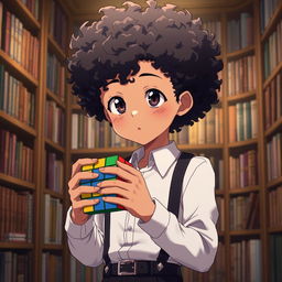 An anime boy with curly hair resembling African texture, featuring a unique complexion of half black and half white skin
