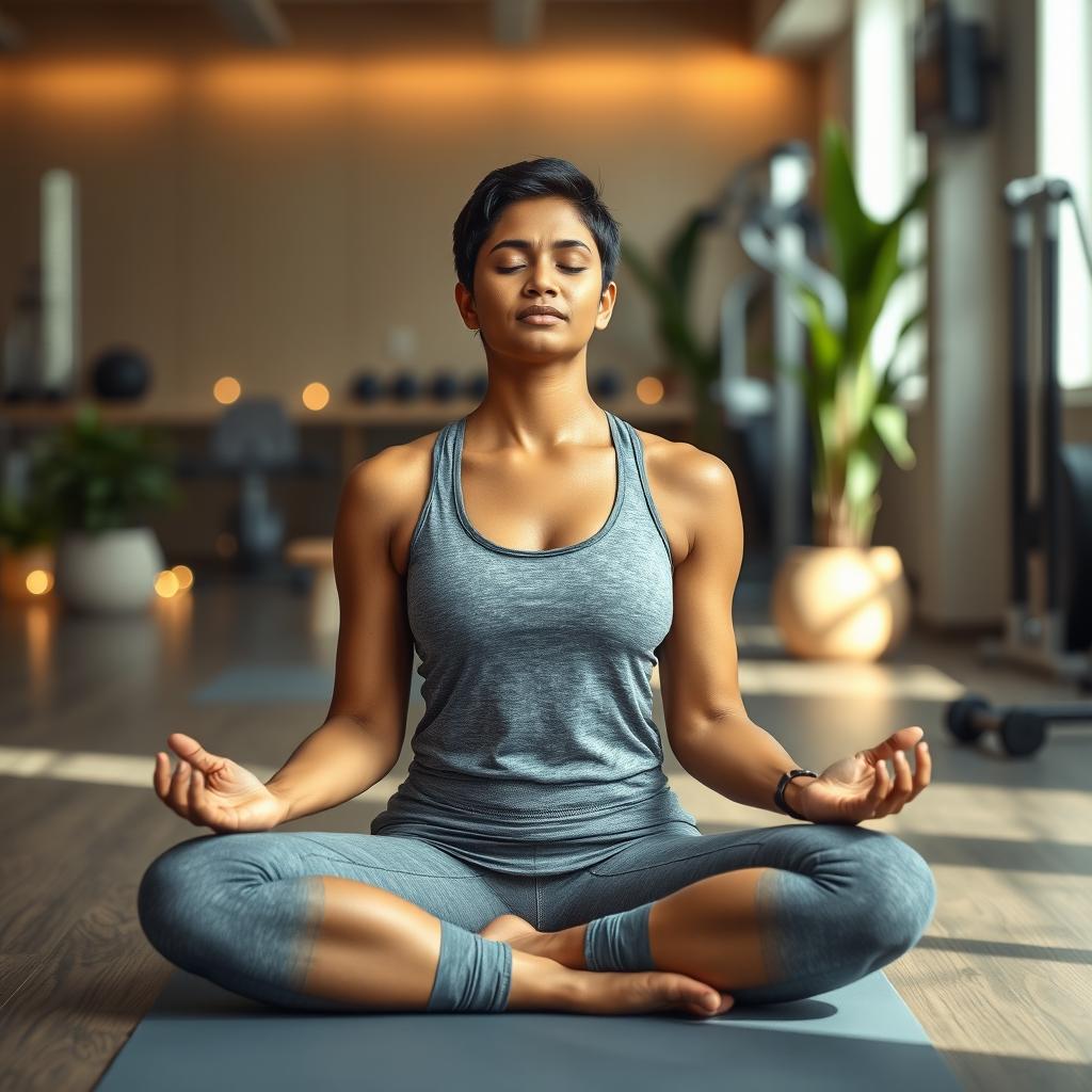 A 30-year-old Tamil woman with short hair, peacefully meditating in a serene gym environment