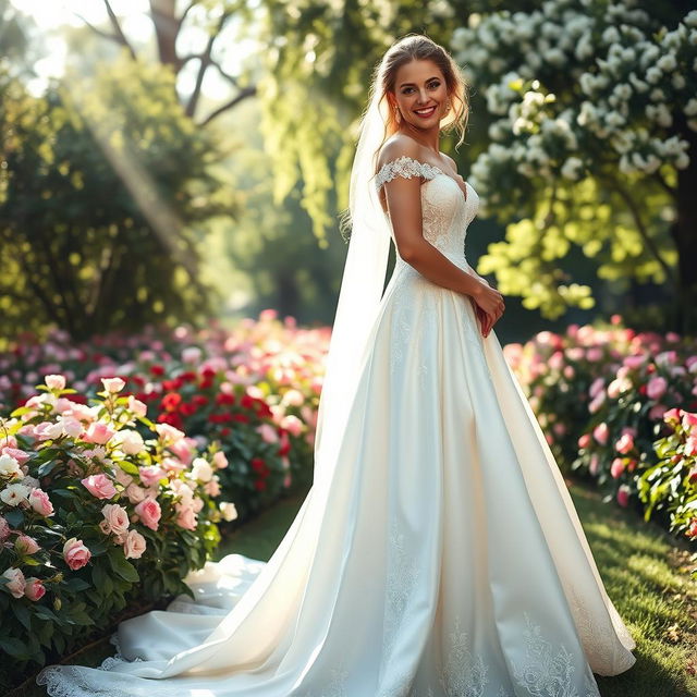 A stunning bridal gown featuring intricate lace detailing, delicate embroidery, and a flowing, elegant train