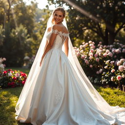 A stunning bridal gown featuring intricate lace detailing, delicate embroidery, and a flowing, elegant train