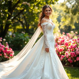 A stunning bridal gown featuring intricate lace detailing, delicate embroidery, and a flowing, elegant train