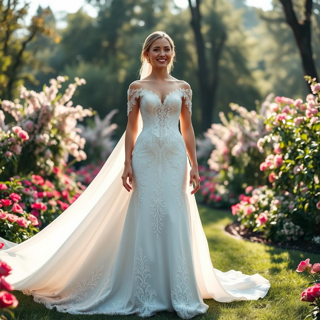 A stunning bridal gown featuring intricate lace detailing, delicate embroidery, and a flowing, elegant train