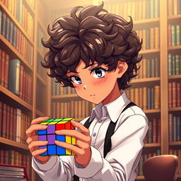 An anime boy with very curly hair and slightly bronzed skin, wearing suspenders over a crisp white shirt