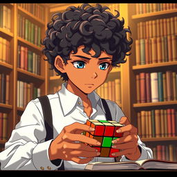 An anime boy with very curly hair and slightly bronzed skin, wearing suspenders over a crisp white shirt