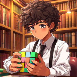 An anime boy with very curly hair and slightly bronzed skin, wearing suspenders over a crisp white shirt