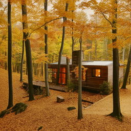 Generate an image of a cozy cabin nestled in the woods during the fall season