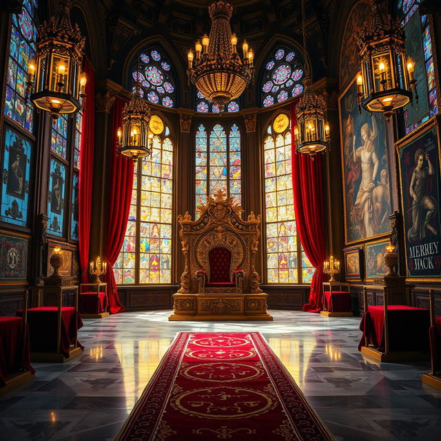 A majestic royal throne room filled with intricate details for a fantasy novel cover