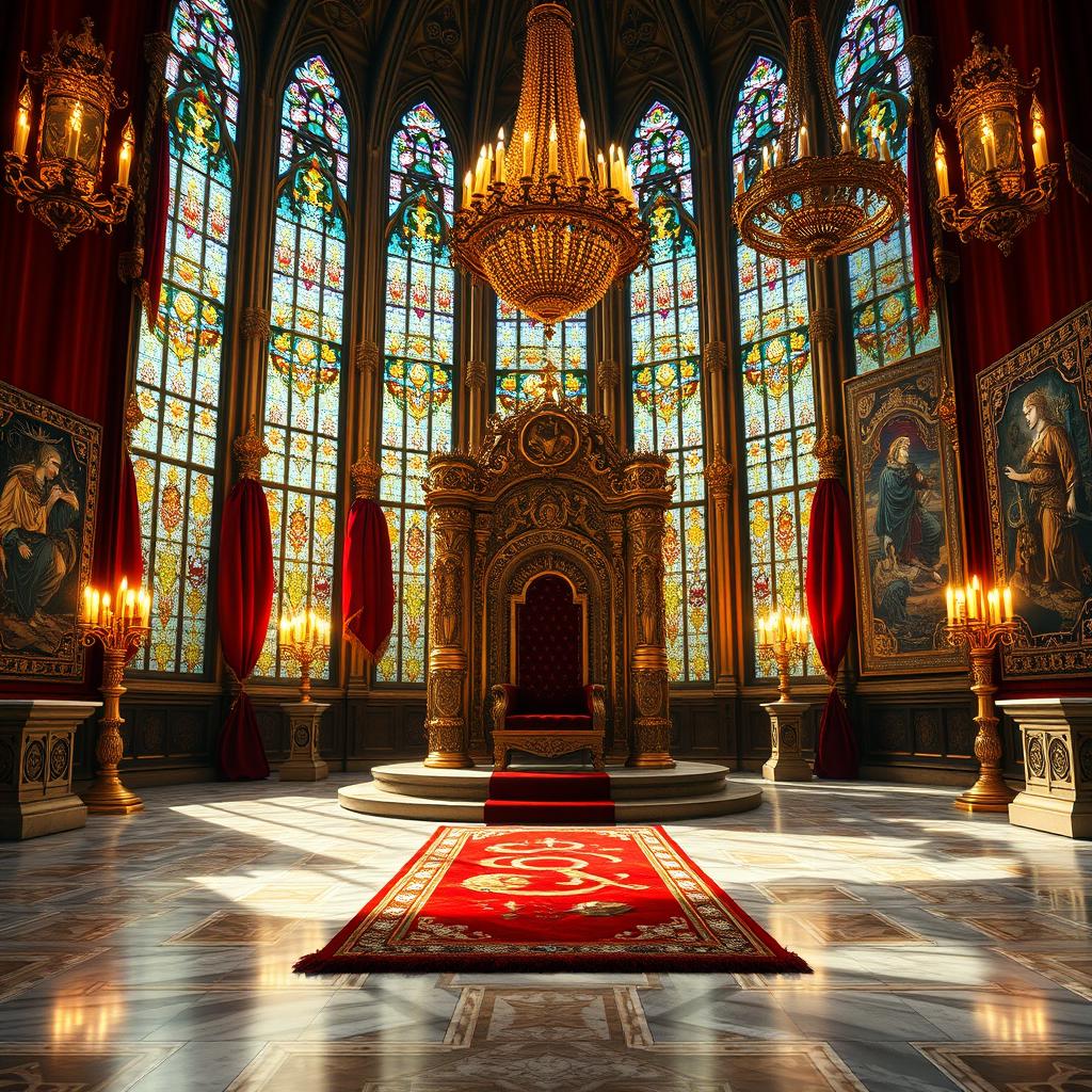 A majestic royal throne room filled with intricate details for a fantasy novel cover