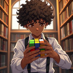 An anime-style boy with very curly hair and bronze skin, wearing suspenders over a white shirt, intensely focused on solving a 7x7 Rubik's Cube