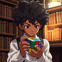 An anime-style boy with very curly hair and bronze skin, wearing suspenders over a white shirt, intensely focused on solving a 7x7 Rubik's Cube