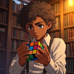 An anime-style boy with very curly hair and bronze skin, wearing suspenders over a white shirt, intensely focused on solving a 7x7 Rubik's Cube