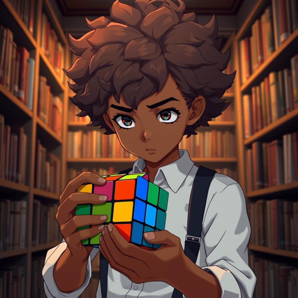 An anime-style boy with very curly hair and bronze skin, wearing suspenders over a white shirt, intensely focused on solving a 7x7 Rubik's Cube