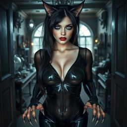 A full-length photographic portrait of a stunning 19-year-old woman with pale skin and thick black hair, featuring striking crystal blue cat-like eyes
