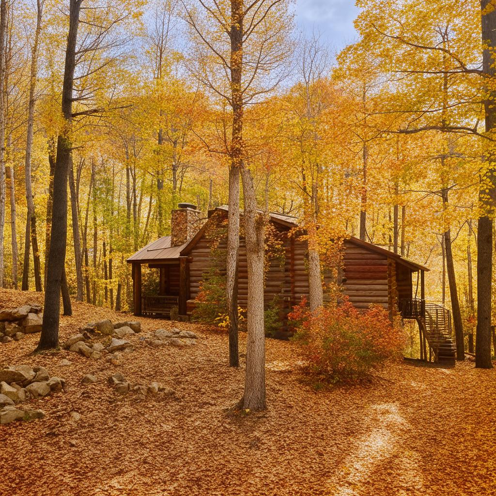 Generate an image of a cozy cabin nestled in the woods during the fall season