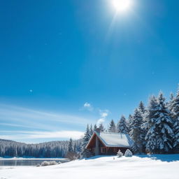 A serene winter landscape featuring a snow-covered forest under a clear blue sky
