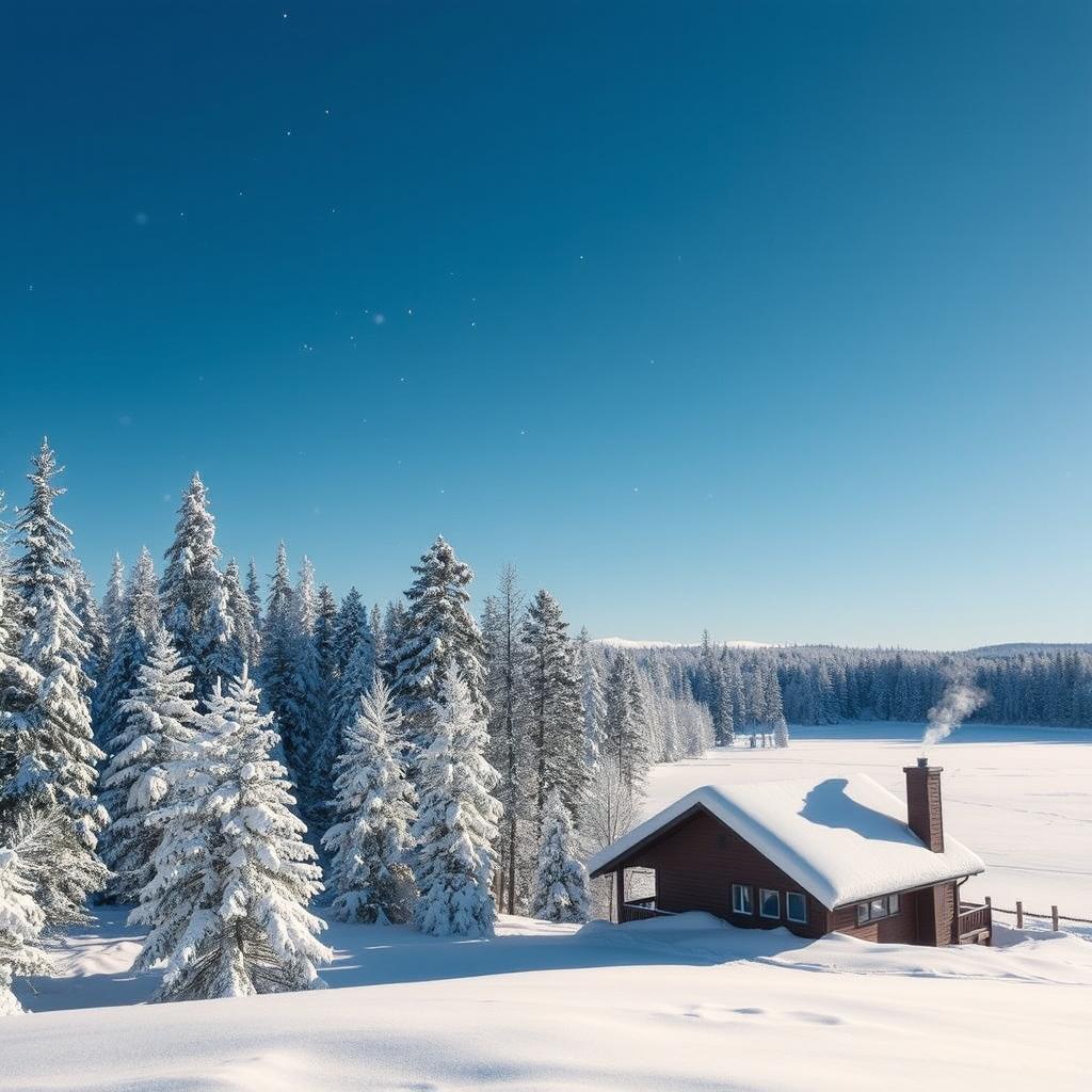 A serene winter landscape featuring a snow-covered forest under a clear blue sky