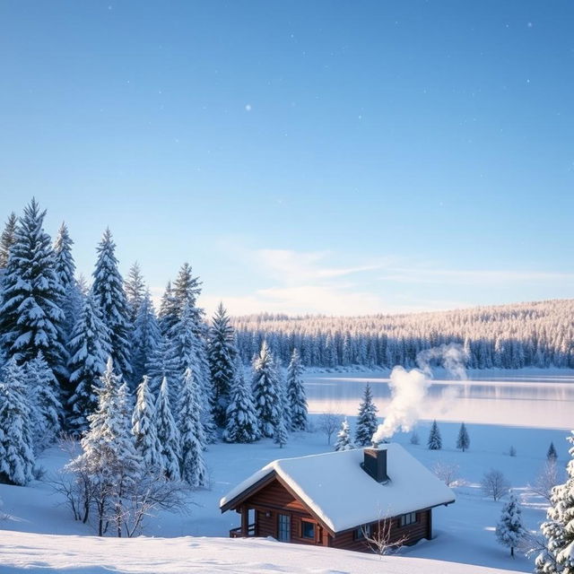 A serene winter landscape featuring a snow-covered forest under a clear blue sky