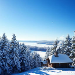 A serene winter landscape featuring a snow-covered forest under a clear blue sky