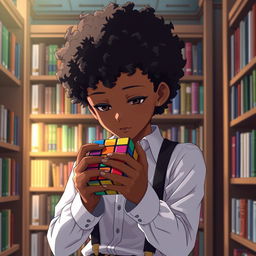 An anime-style boy with curly hair resembling African texture and a bit of bronze skin, wearing suspenders over a crisp white shirt, deeply focused on solving a 7x7 Rubik's Cube