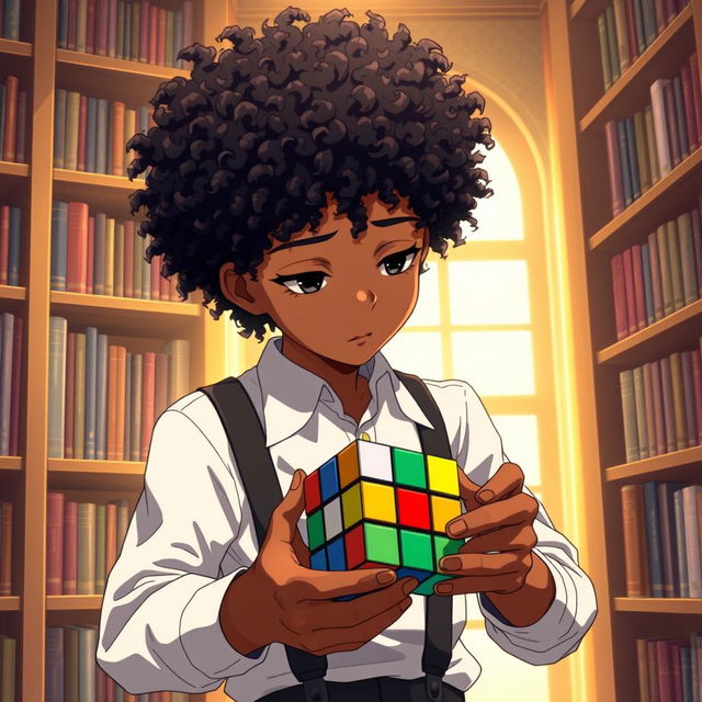 An anime-style boy with curly hair resembling African texture and a bit of bronze skin, wearing suspenders over a crisp white shirt, deeply focused on solving a 7x7 Rubik's Cube