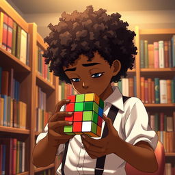An anime-style boy with curly hair resembling African texture and a bit of bronze skin, wearing suspenders over a crisp white shirt, deeply focused on solving a 7x7 Rubik's Cube