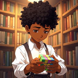 An anime-style boy with curly hair resembling African texture and a bit of bronze skin, wearing suspenders over a crisp white shirt, deeply focused on solving a 7x7 Rubik's Cube
