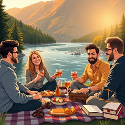 Five people - one woman and four men - enjoying food and drinks by a beautiful river, surrounded by lush mountains