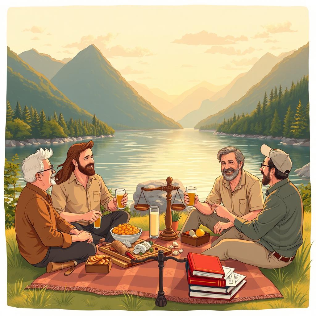 Five people - one woman and four men - enjoying food and drinks by a beautiful river, surrounded by lush mountains