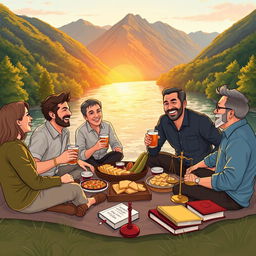 Five people - one woman and four men - enjoying food and drinks by a beautiful river, surrounded by lush mountains