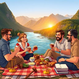 Five people - one woman and four men - enjoying food and drinks by a beautiful river, surrounded by lush mountains
