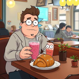 A chubby boy with stubble and glasses, sitting at a cozy café shop, enjoying a strawberry shake along with a delicious croissant