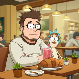 A chubby boy with stubble and glasses, sitting at a cozy café shop, enjoying a strawberry shake along with a delicious croissant
