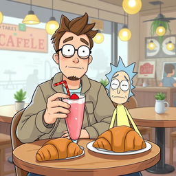 A chubby boy with stubble and glasses, sitting at a cozy café shop, enjoying a strawberry shake along with a delicious croissant