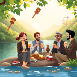 A vibrant illustration depicting five people by a riverbank surrounded by lush mountains, where one woman and four men are enjoying food and drinks