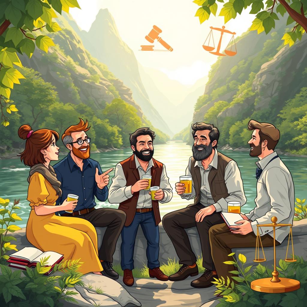 A vibrant illustration depicting five people by a riverbank surrounded by lush mountains, where one woman and four men are enjoying food and drinks