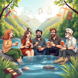 A vibrant illustration depicting five people by a riverbank surrounded by lush mountains, where one woman and four men are enjoying food and drinks