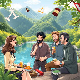 A vibrant illustration depicting five people by a riverbank surrounded by lush mountains, where one woman and four men are enjoying food and drinks
