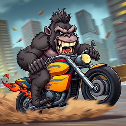 A cartoon of an extremely angry gorilla riding a motorcycle, with exaggerated features such as bulging muscles and a furious expression