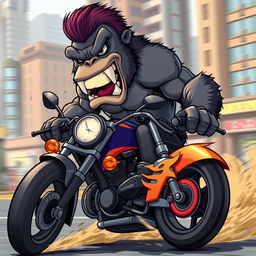 A cartoon of an extremely angry gorilla riding a motorcycle, with exaggerated features such as bulging muscles and a furious expression