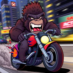 A cartoon of an extremely angry gorilla riding a motorcycle, with exaggerated features such as bulging muscles and a furious expression