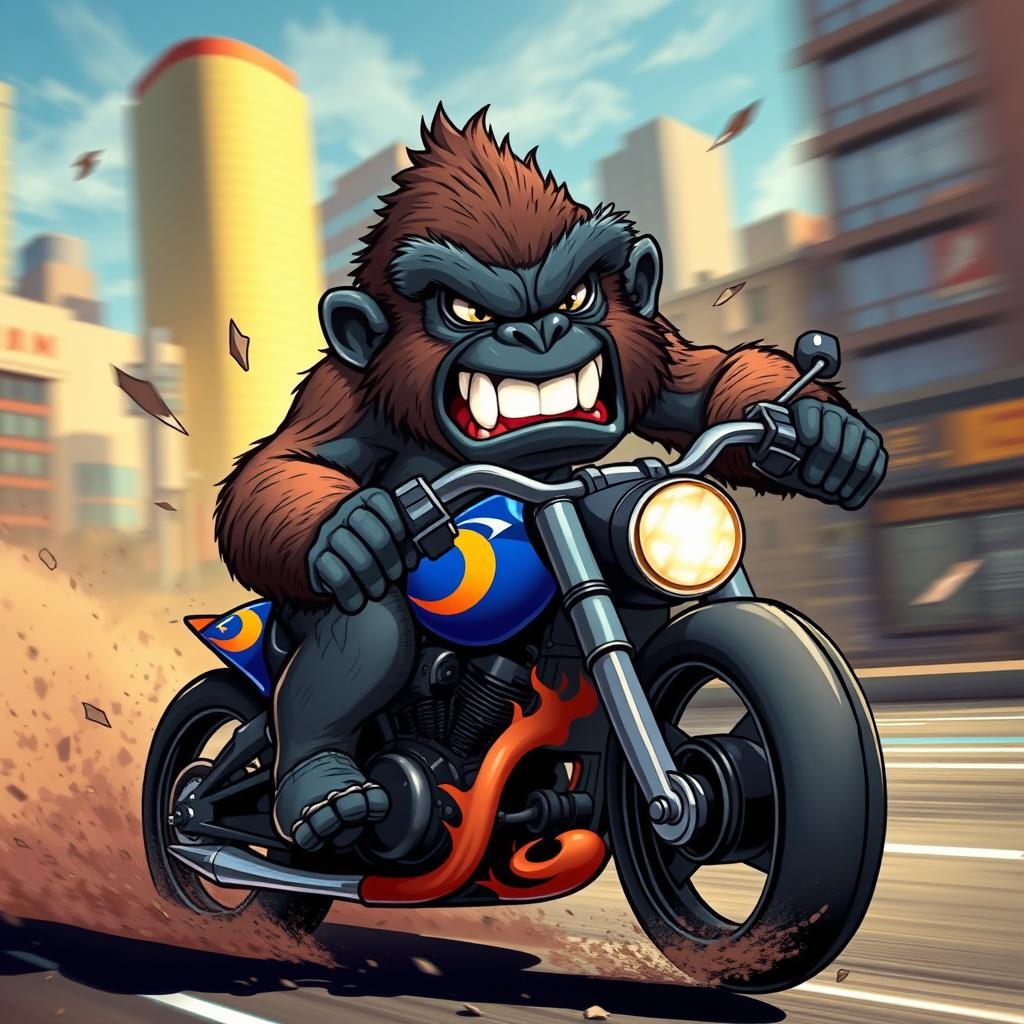 A cartoon of an extremely angry gorilla riding a motorcycle, with exaggerated features such as bulging muscles and a furious expression