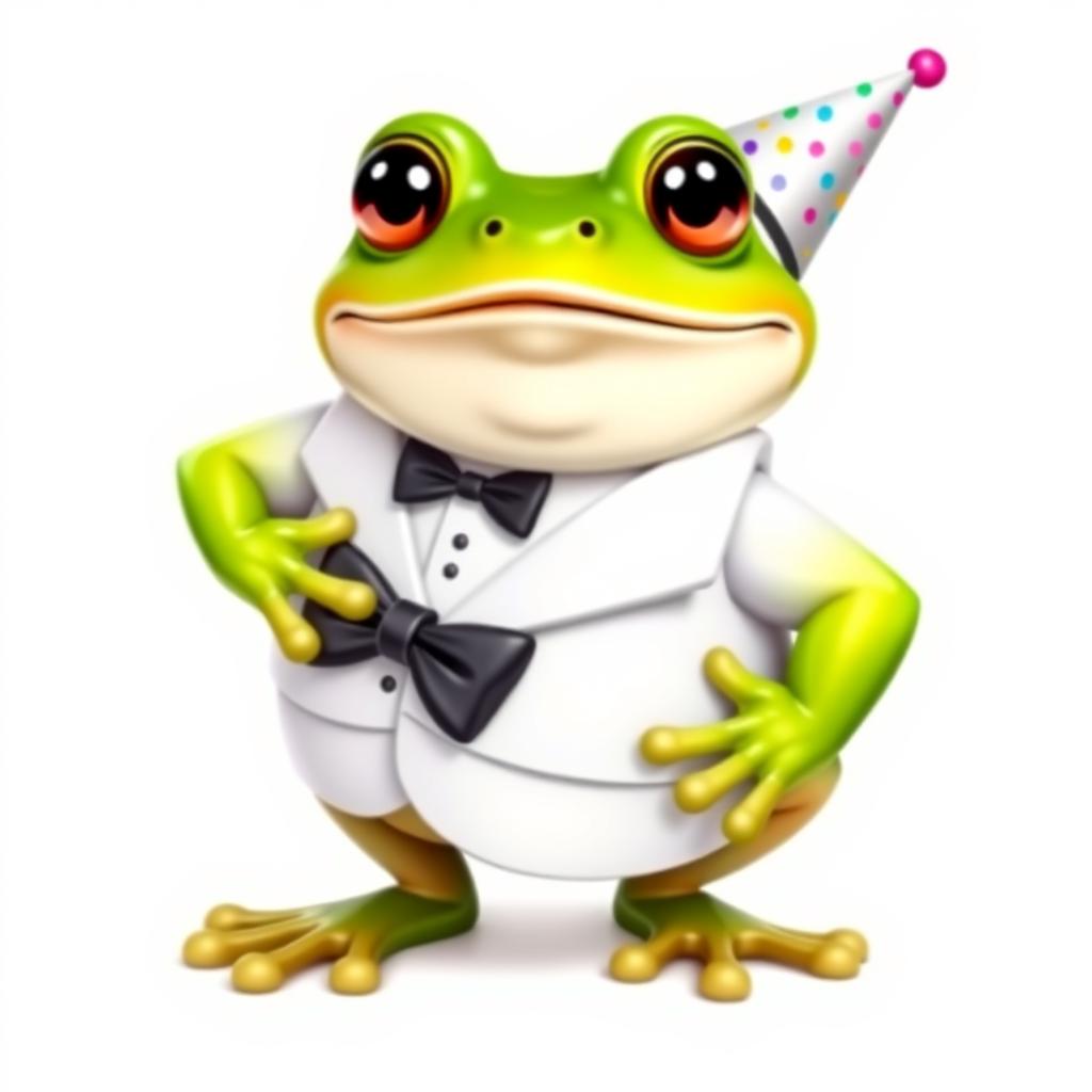 A cheerful frog wearing a stylish white tuxedo, celebrating New Year's Eve, standing against a clean white background