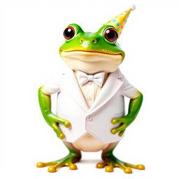 A cheerful frog wearing a stylish white tuxedo, celebrating New Year's Eve, standing against a clean white background