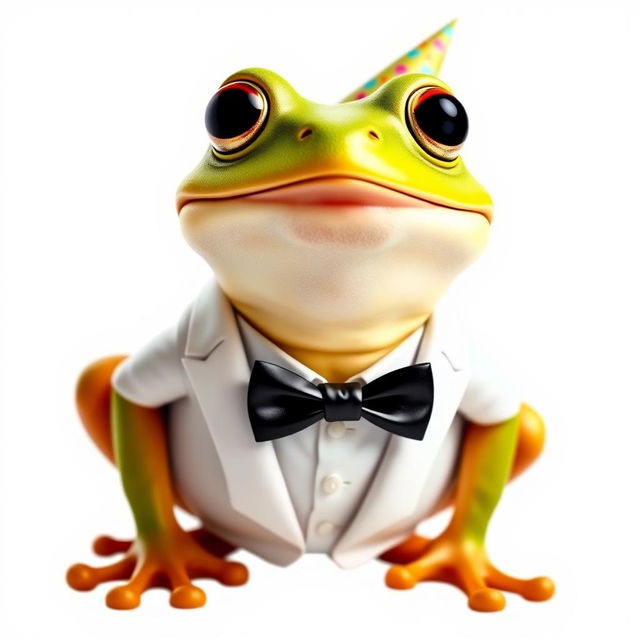 A cheerful frog wearing a stylish white tuxedo, celebrating New Year's Eve, standing against a clean white background