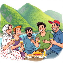 A vibrant and lively illustration featuring five people by a river, with one woman and four men enjoying food and drinks