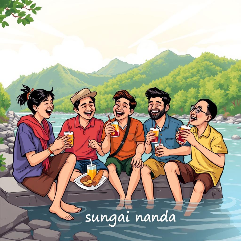 A vibrant and lively illustration featuring five people by a river, with one woman and four men enjoying food and drinks