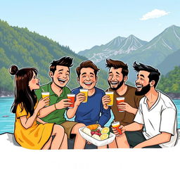A vibrant and lively illustration featuring five people by a river, with one woman and four men enjoying food and drinks